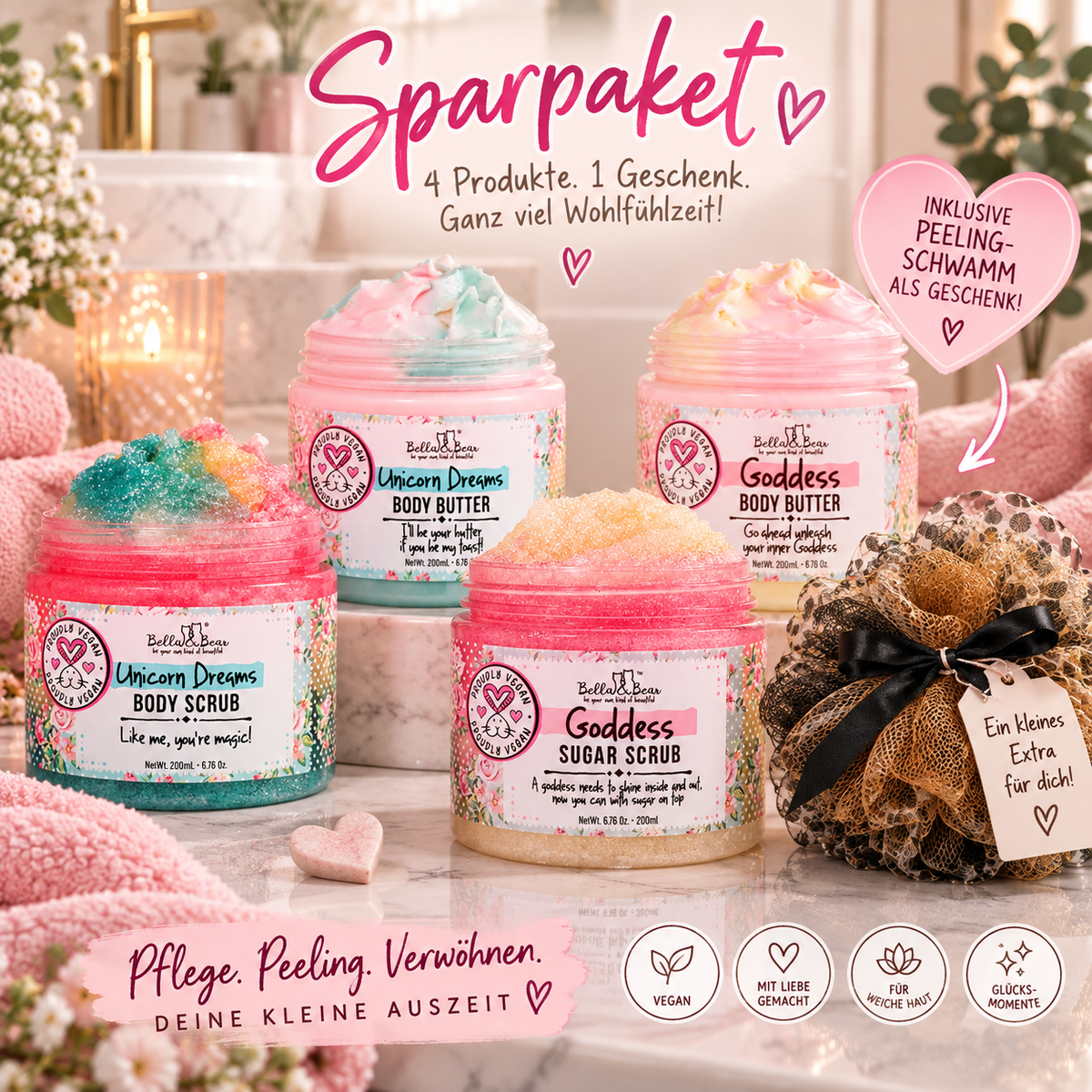 Dein Verwöhn-Sparpaket 💕 – 4 Pflege-Highlights + Peelingschwamm GRATIS