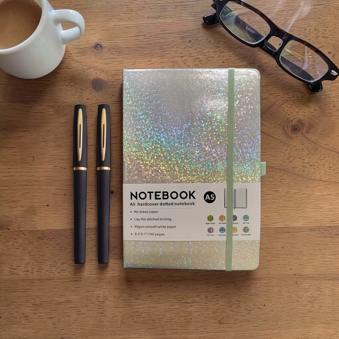 Glitzer-Notizbuch mit personalisierten Stiften – dein neuer Lieblingsbegleiter! (Grün)
