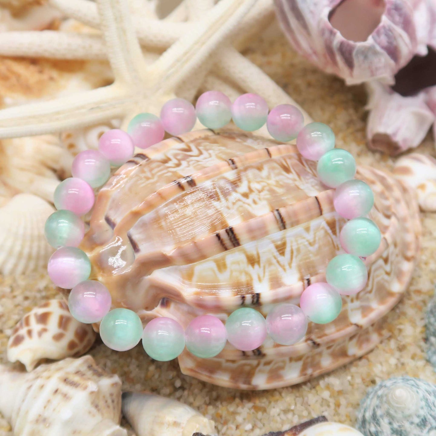 Selenit Perlenarmband Lila Grün