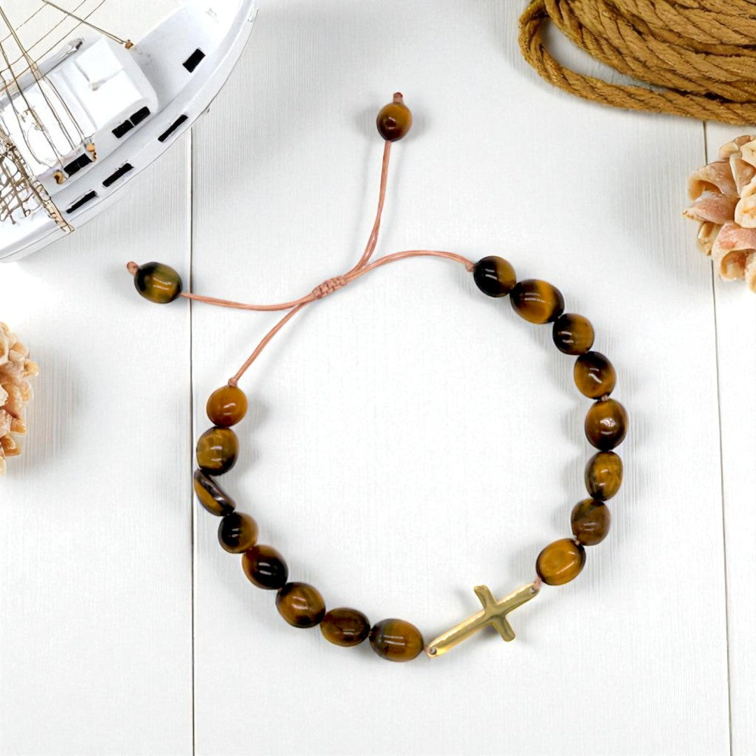 Armband "Balance & Stärke" mit Tigerauge und Kreuzanhänger