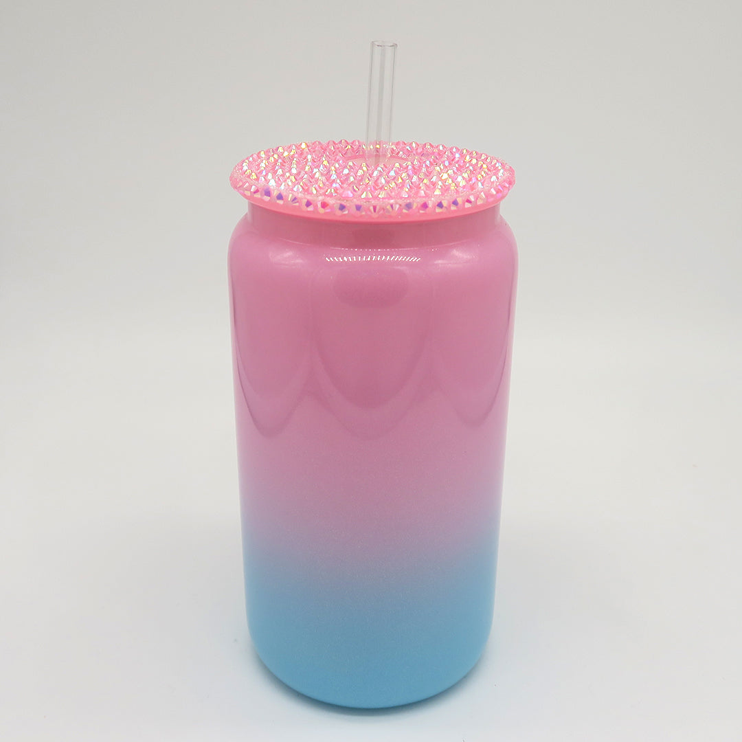 Glitzer Trinkglas 450 ml – mit funkelndem Deckel & personalisierbar (rosa/blau)