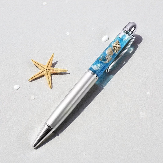 Kugelschreiber „Sea Edition“ – mit Muscheln & Glitzer, gravierbar (silber)