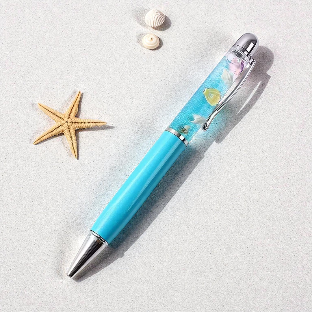 Kugelschreiber „Sea Edition“ – mit Muscheln & Glitzer, gravierbar (türkis)