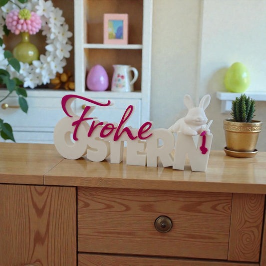 „Frohe Ostern“ – 3D-gedruckter Schriftzug mit Hasencharme