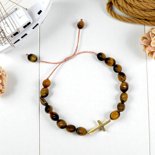 Armband "Balance & Stärke" mit Tigerauge und Kreuzanhänger