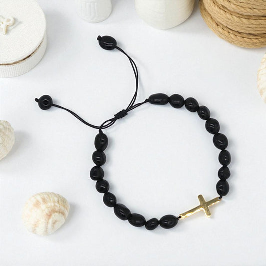 Armband "Schutz & Klarheit" mit Schwarzem Onyx und Kreuzanhänger